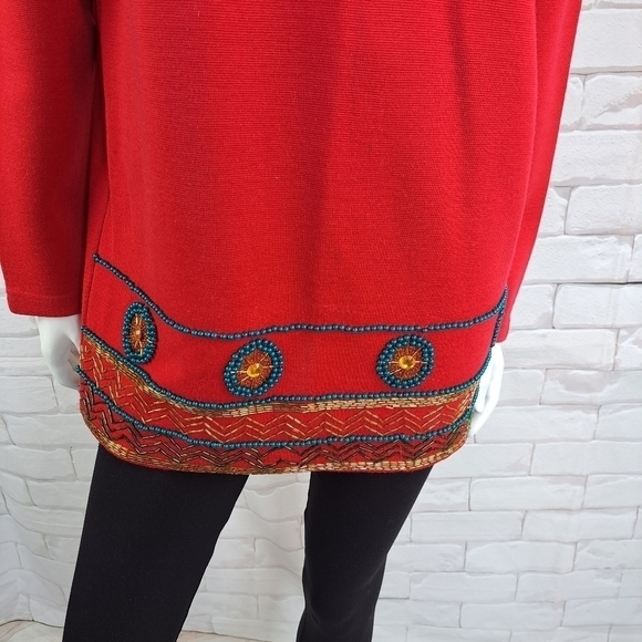 DL Mckelvey sweater red wool pullover faux pearl detail indian style size L - Picture 7 of 15